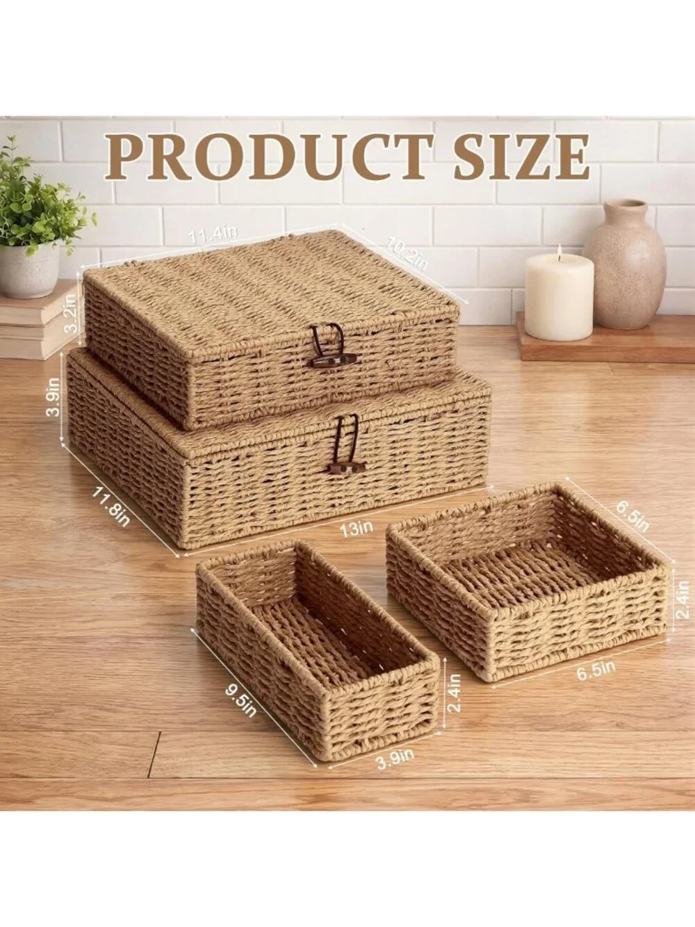 Set of 4 Woven Wicker Storage Baskets with Lids - Decorative Rattan Organizers